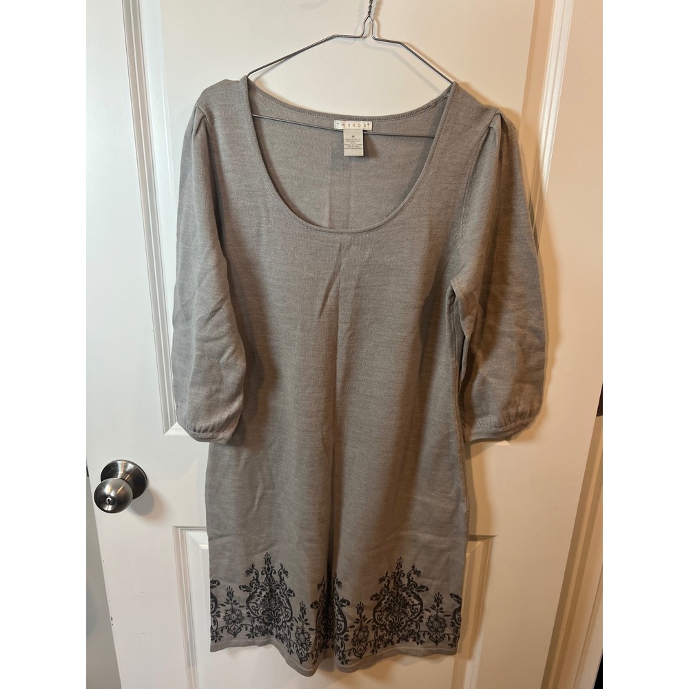 Tweeds Womens Sweater Dress Merino Wool Damask Border Print Gray Size M